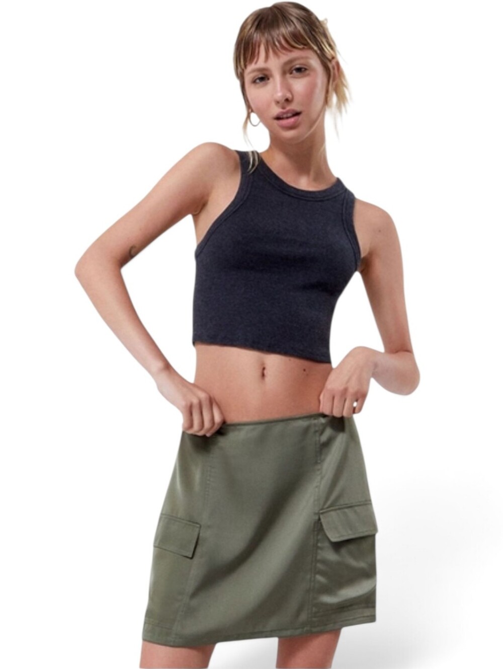 🆕️ PacSun Olive Green Satin CargoMini Skirt Womens Size Small